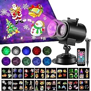 LED Christmas Projector Lights,2-in-1 Ocean Wave Projector,16 Slides 10 Colors,Remote Control Indoor Outdoor Waterproof Holiday Light for Halloween Christmas Birthday Party Garden Landscape Decoration