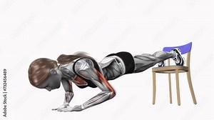 3D rendered animation showcasing the pushup exercise using a chair isolated on the white background