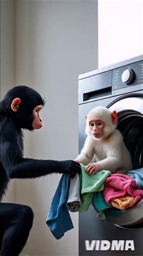 white monkey and black monkey washing clothes on machine #ai #aitoday #aicareers #amazingai