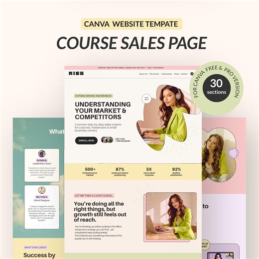 Course Sales Page Template | Online Course Funnel Page | Editable Canva Template for Coaches & Course Creators | Canva Sales Page Template - Etsy