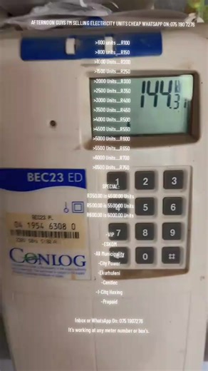 AFTERNOON GUYS I'M SELLING ELECTRICITY UNITS CHEAP WHATSAPP ON:075 190 7276 >600 units __R100 >800 units __R150 >1000 Units__R200 >1500 Units__R250 >2000 Units__R300 >2500 Units__R350 >3000 Units__R400 >3500 Units__R450 >4000 Units__R500 >4500 Units__R550 >5000 Units__R600 >5500 Units__R650 >6000 Units__R700 >6500 Units__R750 SPECIAL: R350.00 is 4500.00 Units R500.00 is 5500.00 Units R600.00 is 6000.00 Units -VIP -ESKOM -All Municipality -City Power -Ekurhuleni -Centlec -I-Citq Hexing -Prepaid I