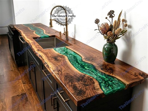 Live Edge Walnut Epoxy River Countertop, Emerald Resin Kitchen Island Top - Etsy