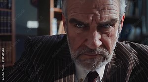 The Intricate Gaze: A portrait of an elderly man with a piercing stare, a grizzled beard, and a pinstriped suit, suggesting a lifetime of experience and wisdom. The image exudes an aura of mystery and