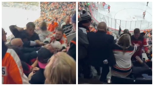 Flyers & Devils Fans Trade Punches During Wild Brawl In The Stands With One Fan Being Tossed Several Rows
