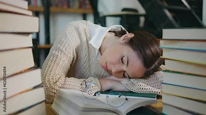 young woman student or businesswoman fell asleep on a stack of books in the library or classroom. Female was tired from reading books and fell asleep on books