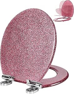 Angol Shiold Resin Toilet Seat Glitter Pink, Slow Quiet-Close Lid and Seat, Heavy Duty Round Toilet Seats for Standard Toilets, Easy Installation & Cleaning (Round 17“, Pink, Upgraded hinge)