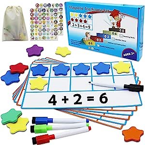 MAYAPHILOS Magnetic Ten-Frame Set, Math Manipulative Eva Number Counting Games for Kindergarten Elementary Classroom Must Haves, 6 Ten Frames 60 Math Counters for Kids 3 4 5 Years Old
