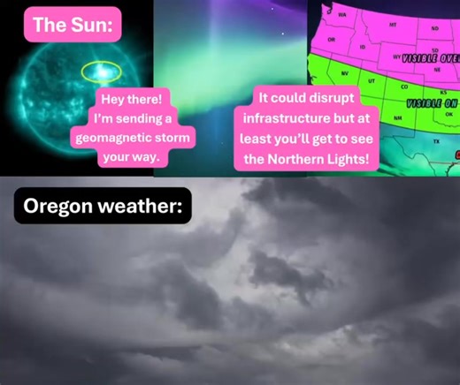 ICYMI our Sun has been kicking out coronal mass ejections (CMEs) this week like Nirvana AND Soundgarden did to Jason Everman. CMEs send solar flares toward Earth’s atmosphere, causing geomagnetic storms. Depending on severity they can interfere with telecommunications and navigational infrastructure. This storm is rated a G4 (G5 is the highest and most severe). One of the cool side effects though is the visibility of the northern lights further south than normal, but in our part of the country t