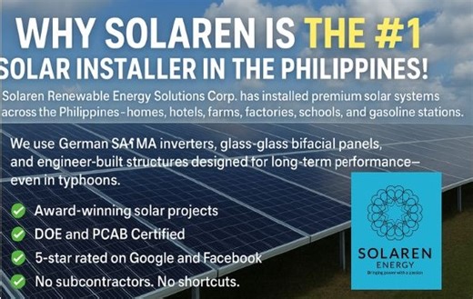 Why Solaren is the #1 Solar Installer in the Philippines! Solaren Renewable Energy Solutions has installed premium solar systems across the Philippines—homes, hotels, farms, factories, schools, and gasoline stations. We use German SMA inverters, glass-glass bifacial panels, and engineer-built structures designed for long-term performance—even in typhoons. ✅ Award-winning solar projects ✅ DOE and PCAB Certified ✅ 5-star rated on Google and Facebook ✅ No subcontractors. No shortcuts. Switch to the