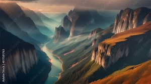 Beautiful landscape of majestic mountains, lake, lush green valley with trees and colorful grass. Ecosystem and healthy environmental concept background