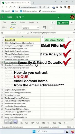 Get unique mail server domain name with this simple Excel formula - Excel Tips and Tricks #shorts