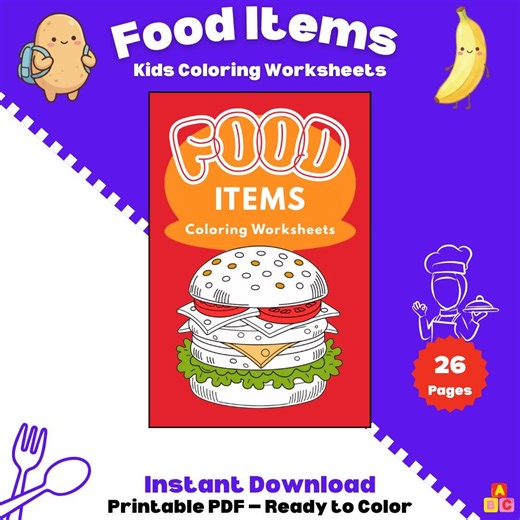 Food Items Coloring Pages for Kids | 26 Printable Worksheets (PDF Download) - Etsy