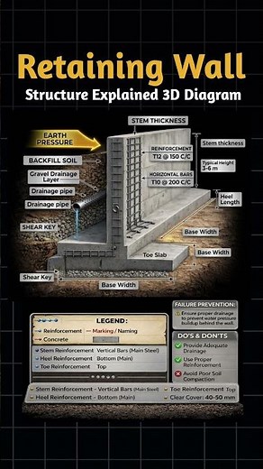 Retaining Wall Structure Explained | 3D Diagram Civil Engineering Basics #retainingwall #shorts