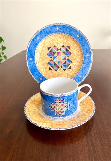 Oneida Origami Teacup & Saucer Dessert Plate Geometric Blue Yellow Vintage Replacement Korea 3 Pcs - Etsy