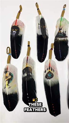 Our hand painted feather selection offers a wide variety of custom crafted feathers suitable for crafts, jewelry, leather trim, accents, black powder accessories, and much more. Carefully selected and trimmed to size, they are perfect for fans, bustles, roaches, visors, hair feathers, crafts, leather work, etc. These feathers are painted with hummingbirds, wolves, native dancers, bears, eagles, paws, horses, buffalo, tepees, and other wildlife symbols.