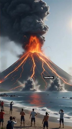 “Daytime Coastal Apocalypse: Giant Volcano Erupts as Lava and Ash Consume the Sky”
