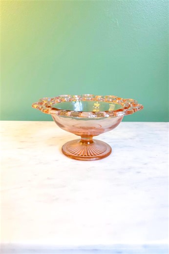 Vintage Pink Depression Glass Compote Lace Edge Pedestal Candy Dish Footed Glass Bowl Retro Pink Glass Decor 1930s - Etsy
