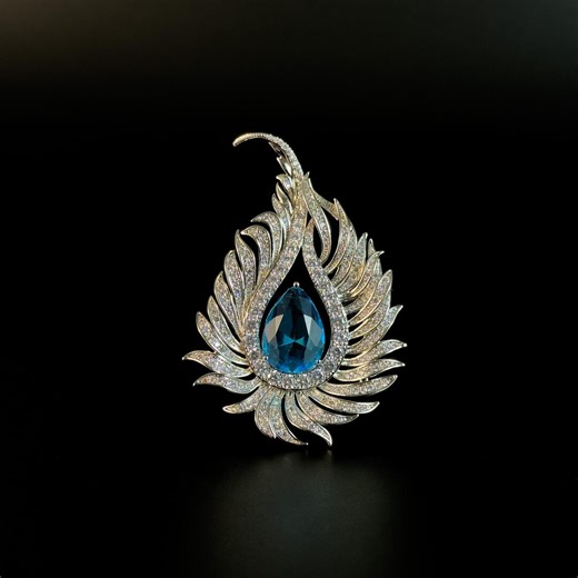 Sapphire Peacock Feather Brooch, Vintage Blue Zircon Pendant, Copper Rhinestone Jewelry - Etsy