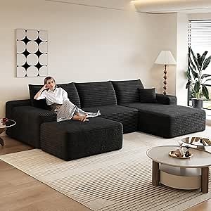 107.5" Comfy U-Shaped Sectional Modern Boneless Corduroy Couch with Chaise ‌and Ottoman‌ - No Assembly Required! Deep-Seat, Upholstered Modular Cloud Sofa for Living Room, Plush Corduroy Fabric(Black)