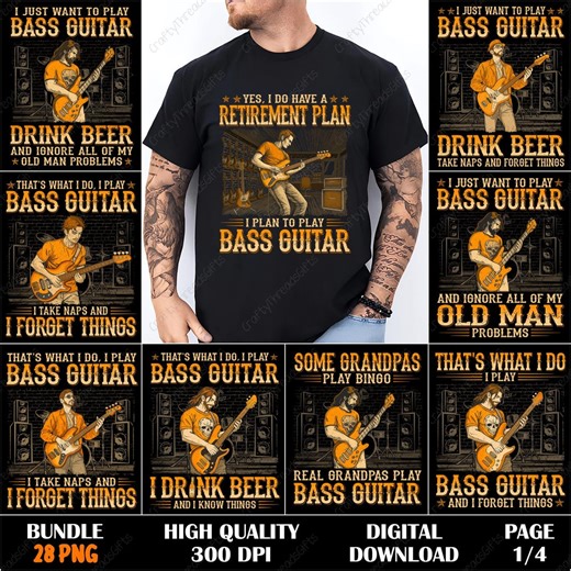 Bass Guitar PNG, Funny Bassist Bundle, Bass Guitarist Gift, Musician Sublimation Design, Retro Bass Player Art, Old Man Bass Guitar Graphics - Etsy