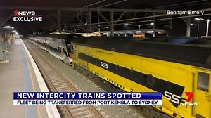 2.9K views · 39 reactions | NSW's new intercity trains have been spotted being transferred from Port Kembla to Sydney. The fleet will soon begin commissioning works and will eventually replace current services. They'll run between the city and the Central Coast, as well as Newcastle, the Blue Mountains and the South Coast. www.7NEWS.com.au #SydneyTrains #7NEWS | 7NEWS Sydney | Facebook