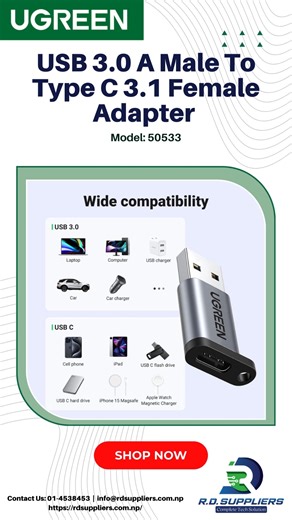 🔌 UGREEN USB 3.0 A Male to Type C 3.1 Female Adapter Seamlessly connect and charge your devices with the UGREEN USB 3.0 A Male to Type C 3.1 Female Adapter: Model: 50533 📍Input: USB 3.0 A Male 📍Output: USB-C 3.1 GEN1 Female 📍Function: Supports both charging and data sync 📍Safety: Includes a standard 56K Ω pull-up resistor for reliable performance 📍Durability: Features an aluminum alloy case for enhanced durability Perfect for adapting your devices to the latest USB-C standard!!! For More I