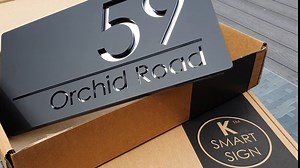 K Smart Sign | Bellisima H3 F32 | Matt Dark Gray Personalized Door Number Yard Garden Porch Signs 3d Perspex Mirror Marble Mirror House Plaque Sign Laser Cut 3D Modern Plaque Street plaques | 12" x 6 1/4" (Matt Gray & White Marble Effect)