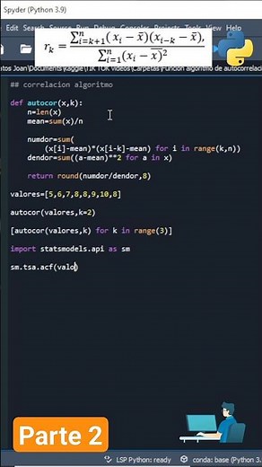 Ejercicio de autocorrelacion en Python empleando algoritmos y funciones. #algoritmos #estadistica
