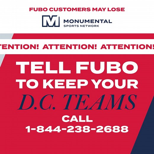 Hey D.C. sports fans, Fubo customers may lose Monumental Sports Network. Tell Fubo to keep Monumental and your D.C. games! Click below to call or visit www.KeepMonumental.com #KeepMyDCSports | Monumental Sports Network
