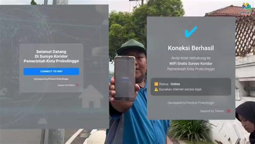 . 📶 Free WiFi Super Koridor Kota Probolinggo Kini masyarakat dapat menikmati layanan internet gratis di kawasan strategis pusat kota. Free WiFi Super Koridor hadir untuk mendukung aktivitas warga, pelaku UMKM, wisatawan, hingga generasi muda dalam mengakses informasi dan layanan digital. 📍 Koridor Suroyo – Alun-alun Kota Probolinggo 📍 Koridor Cokro – Gladak Serang Fasilitas ini merupakan bagian dari upaya Pemerintah Kota Probolinggo dalam mendorong transformasi digital serta mewujudkan kota y