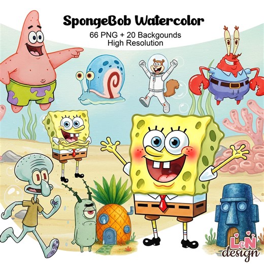 Spongebob Watercolor Clipart PNG | Cartoon Sea Digital Kit | Ocean Theme Party Decor | Printable Graphics | Instant Download - Etsy