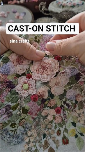 CAST-ON STITCH EMBROIDERY Two needles Mouline threads and Linen Fabric