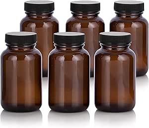 JUVITUS Amber 4 oz Glass Packer Bottle with Black Ribbed Lid (6 pack)