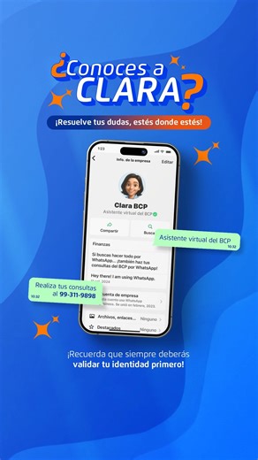 2.8M views · 1.4K reactions | ¿Aún no conoces a Clara, la asistente virtual del BCP? 兩 Quédate en este video y descubre todas las consultas que te puede ayudar a resolver escribiendo al 99-311-9898. ✨ Y a ti, ¿qué te gustaría preguntarle a Clara?  #WhatsAppBCP #ClaraBCP | Banco de Crédito BCP | Facebook