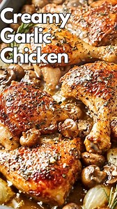 🧄 Creamy Garlic Herb Chicken with Mushrooms Golden, juicy chicken baked in a rich garlic herb cream sauce with tender mushrooms — this is pure comfort food. It’s easy, cozy, and tastes like something you’d order at a rustic bistro, but made right at home. 🛒 Ingredients (Serves 4) For the chicken 2 lb bone-in, skin-on chicken thighs 1 tsp salt ½ tsp black pepper 1 tsp garlic powder 1 tsp dried thyme 1 tbsp olive oil For the creamy mushroom sauce 2 tbsp butter 8 oz mushrooms, sliced 4 cloves gar