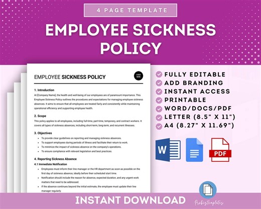 Employee Sickness Policy Template, Workplace Sickness Guidelines, Employee Illness Policy, Sickness Leave Policy Template - Etsy