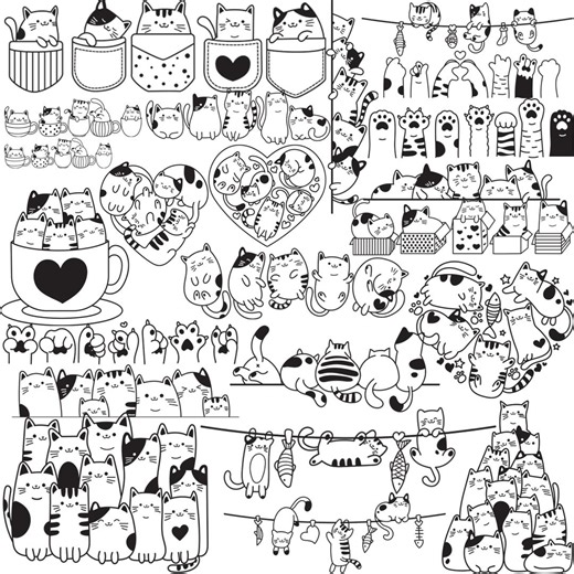 Cute Cat Cartoon Bundle Animals Kawaii With Flower,leaves,svg for Cut File, Animal Hand Drawn,dxf,png,eps, for Cricut Silhouette,cameo - Etsy