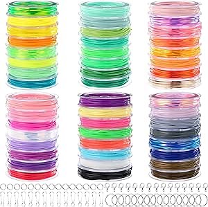 Lanyard String Kit 48 Rolls Gimp Plastic Lanyard String for Bracelets Keychain DIY Crafts with Key Chain Rings, Snap Clips, Open Rings, Lobster Clips Gimp Bracelet Making Kit (5.5 Yards)