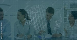 World map grid animation overlaying business people meeting in conference room Stock Video