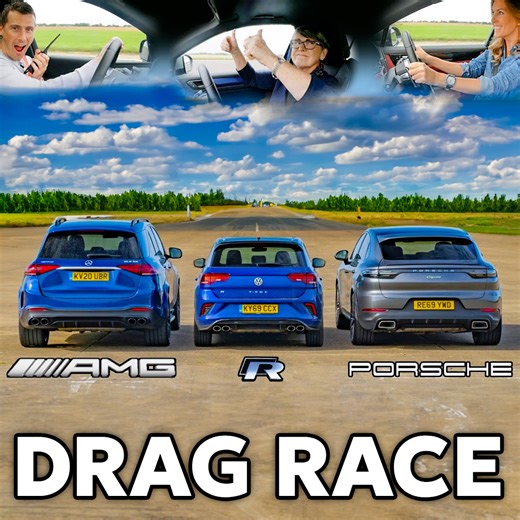 Drag race Mat v Mum v Girlfriend: AMG GLE 53 v Porsche Cayenne Coupe v VW T-Roc R 🚙👩‍👧‍👦😂 | carwow