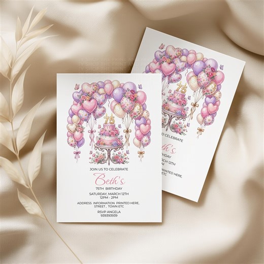 75th Birthday Invitation Template Printable Invite Pink Floral Tea Garden Party ( Digital File ) - Etsy