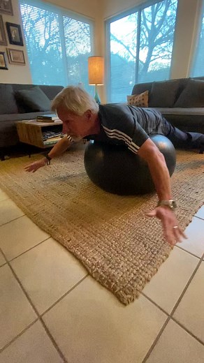 Prone cobra on stability ball. Enjoy! #stabilityball #stability #abalancedyou #fitnessover60 #doable #cobra