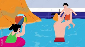 Father and kids have fun in water in summer. Happy people playing in swimming pool, slide on waterslide. Children floating on inflatable circles in aquapark in summertime cartoon animation