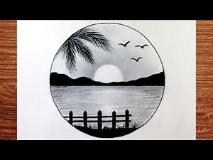 Easy circle landscape drawing | how to draw sunset scenery with pencil | drawing for beginners