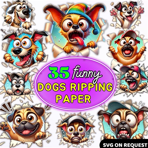 Funny Dogs Ripping Paper Clipart – 35 Cute Cartoon Dog Pngs Peeking Through Torn Paper – Digital Download for Stickers & T-shirts - Etsy Singapore