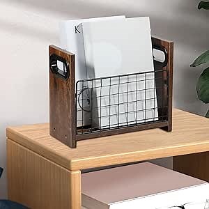 Magazine Rack, Metal and Wood Magazine Holder, Magazine File Holder for Desktop and Home Office, Practical Mail Organizer, Space Saving File Storage Basket for Home Office Bedroom Living Room