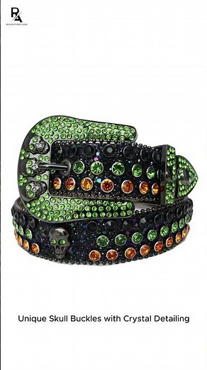 Green & Orange Rhinestone Belt with Black Glitter Strap and Skull Buckles