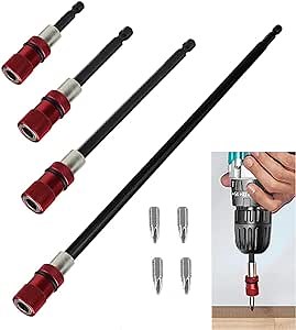 Drill Extension Bit Holder 4Pcs - 12'' 6'' 4'' 2'' Magnetic Drill Screwdriver Bit Extender 1/4 inch Hex Bit Holder, Impact Driver Extension Adjustable Depth Screwdriver, Red