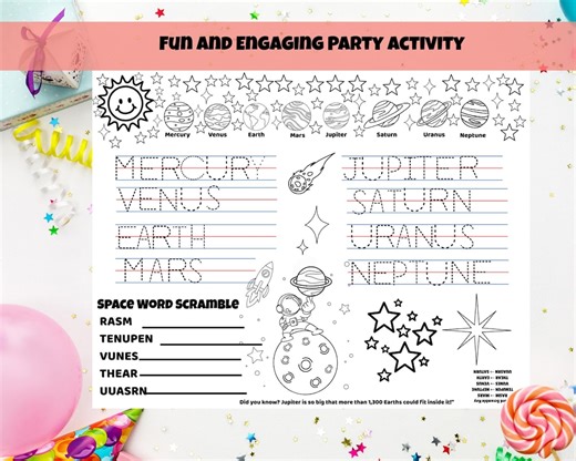 Solar System Coloring Placemat: Space Birthday Party Activity for Kids (PDF), Printable Coloring and Tracing Planet Page | Party Games - Etsy