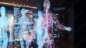 A high-tech medical setting showcases a detailed hologram of human anatomy highlighting internal organs, circulatory, and nervous systems. The hologram is set against a digital background. The image